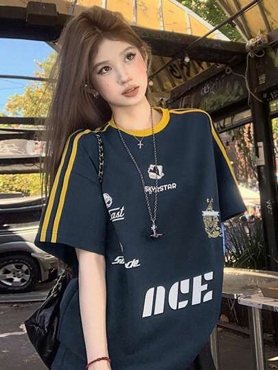 女士宽松条纹撞色字母印花短袖 T 恤，百搭休闲夏季上衣