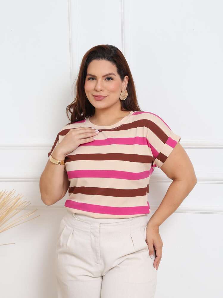 Plus Size Striped Blouse Short Sleeve Folded Japanese Viscolycra G1 - 鏽棕色 - 查看 1