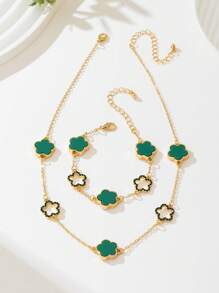 Conjunto de 2 peças/conjunto elegante europeu minimalista de metal flor da sorte colar pulseira joias conjunto de presente
