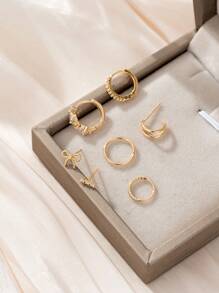 7pcs Elegant Bow Decor Earring Set, Cubic Zirconia Copper Stud & Clip Earrings For Women, Suitable For Daily, Date, Party Wear (Quantity For One Ear Only) - Yellow Gold - View 3