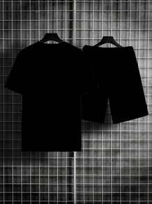 Conjunto de 2 peças Plus Size Masculino Estilo Esportivo Número Numérico e Conjunto de Camiseta Estampada de Letras, Adequado para Todas as Estações - Preto - Ver 2
