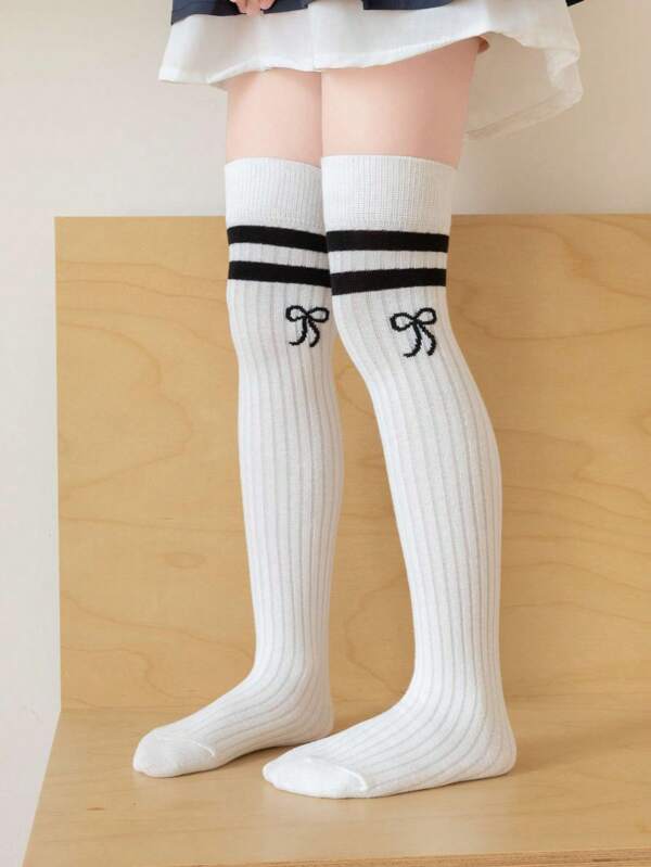 1 Pair Of Children's Socks Spring Bow Stockings For Girls Preppy Parallel Bars Calf Socks High Socks