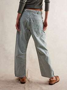 Women Striped Patchwork Pants Drawstring Barrel Pant Wide Leg Baggy Pants Streetwear Casual Y2k Loose Trousers With Pockets - 墨綠色 - 查看 5