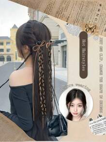 1pc Women's Sweet Elegant Hair Braids Clip, Fashion Long Braid Hair Accessory, Fake Hair Half Bun Side Ribbon Pony Tail Hair Clips, Suitable For Daily Wear, Boho Elegant