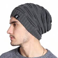 Gorro de invierno con etiqueta de letras, gorro tejido de tamaño largo, gorros informales de alta calidad para hombres y mujeres, gorro liso - Gris - Ver 9