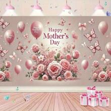1. 母亲节快乐鲜花气球印花 - 优雅的粉色玫瑰和蝴蝶设计，轻盈的涤纶面料，非常适合室内庆祝活动、拍照背景和派对装饰 | 优雅设计 | 轻盈面料，母亲节礼物