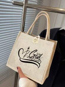 Bolsa de tela con estampado de flor y mariposa, bolsa de tote para dama de honor, bolsa de compras, bolsa plegable y liviana, bolsa de tote portátil y multifuncional con texto "With God" impreso.