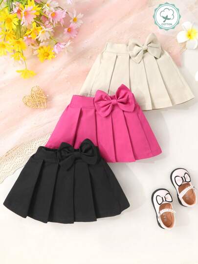 3pcs,Baby Girls,Soft, Comfortable ,Casual, Cute, Sweet, Elegant,Elastic Waist Ruffled Bow-Decorated Mini Skirt,Skirts For Girl,Baby Girls Clothes,Girls' Clothing,Suitable For Everyday Use, Vacations, Parties, Photography, And Outdoor Activities