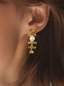 1 par de pendientes de plata 925 con forma de rama de madera y perla en relieve en capas, adecuados para el uso diario de las mujeres y para dar forma al rostro