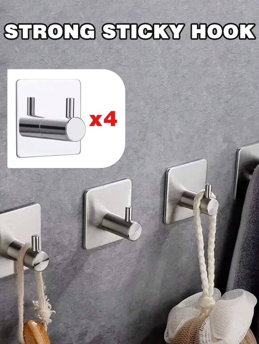 4 件装不锈钢壁钩，防锈浴室毛巾衣帽钩架，粘性衣架，适用于厨房、浴室、衣柜 - 銀色 - 查看 1
