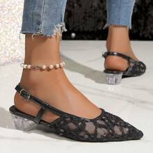 女士高跟网眼透气包头凉鞋，中跟亮片网眼时尚凉鞋，优雅尖头粗跟露跟镂空高跟鞋