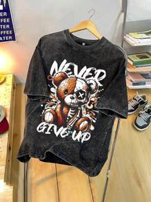 Vintage T-shirt met ronde hals en schattige beer- en letterprint voor heren