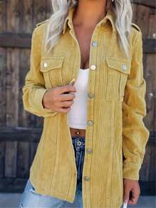 Plus Size Women Corduroy Classic Retro Collar Button Pocket Utility Jacket - Yellow - View 1