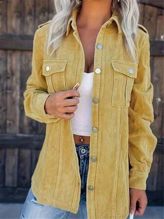 Plus Size Women Corduroy Classic Retro Collar Button Pocket Utility Jacket
