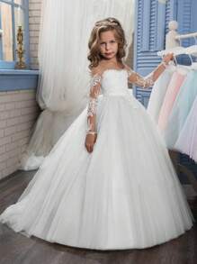 Aibaowedding Girls' Train Wedding Dress Pompadour Dress Piano Performance Flower Child Dress Long Sleeve Princess Dress Children's Train Dress - 白色 - 查看 1
