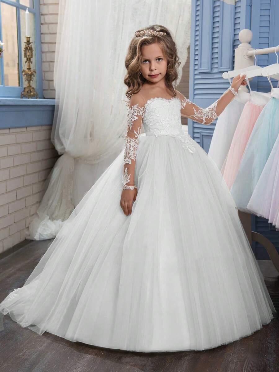 Aibaowedding Girls' Train Wedding Dress Pompadour Dress Piano Performance Flower Child Dress Long Sleeve Princess Dress Children's Train Dress - 白色 - 查看 1