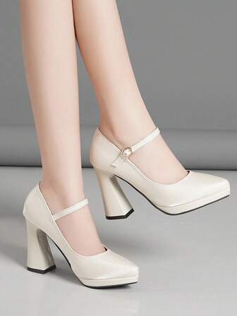 女士高跟鞋，带绑带粗跟，超高跟，有粉色、杏色、裸色、酒红色、黑色、白色、红色、银色、金色、棕色可选，时尚百搭