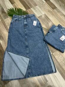 Women's Open Side Jean Skirt - Rửa trung bình - Xem 1