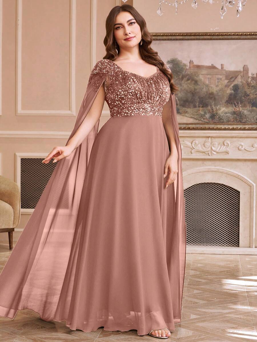 SUPGIR Đầm xòe sang trọng dành cho nữ cỡ lớn, cổ tim đính sequin và tua rua, chất liệu chiffon, phối màu tương phản, thích hợp dự tiệc, đám cưới, dạ hội, mùa xuân thanh lịch. - Cà phê nâu - Xem 1