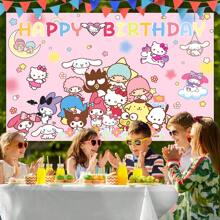 Sanrio 1PC Cute Cartoon Pink Sanrio Character Series Theme Birthday Party Decoration Background (210 * 150/150 * 100/100 * 75CM) Hello Kitty Kuromi Yuguigou Photography Background Party Cake Table Supplies Decoration Background Cloth Banner Perfect Decoration Birthday Party Room Wall Background Cloth Photo Pavilion Studio Props