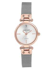 Anne Klein 钻石点缀网状手链手表，适合女士，玫瑰金色不锈钢圆形表壳手表，女士休闲奢华防水模拟手表，可调节腕带手表，AK/3003SVRT - 銀色 - 查看 9