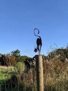 HELLOYOUNG 1 pièce Ornements de clôture en fer forgé pour chat, série rouillée Statue de chat pour jardin extérieur, convient pour piquets de pelouse, décorations de fête de jardin, cadeaux