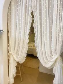 1 pieza/2 piezas Cortina romántica francesa blanca con volantes de encaje con relieve y pompones, Panel de cortina vaporosa de tul con puntos delicados para sala de estar, dormitorio, separador de balcón, decoración de boda, telón de fondo para habitación nupcial