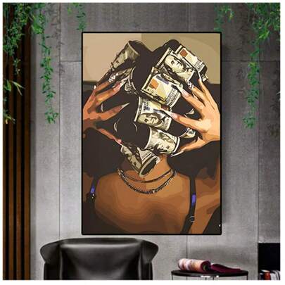 1pc Black Art, Fashion Woman Art, Wall Art, Money On The Head Canvas Painting Art Prints Poster Wall Picture Decor For Home Gifts, Living Room, Bathroom, Bedroom, Kitchen Unframed