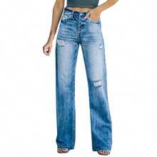 Women Ripped Denim Washed Jeans Multi-Pockets High Rise Straight Leg Full Length Pull-On Trousers - Blue - View 5