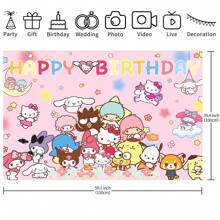 Sanrio 1PC Cute Cartoon Pink Sanrio Character Series Theme Birthday Party Decoration Background (210 * 150/150 * 100/100 * 75CM) Hello Kitty Kuromi Yuguigou Photography Background Party Cake Table Supplies Decoration Background Cloth Banner Perfect Decoration Birthday Party Room Wall Background Cloth Photo Pavilion Studio Props