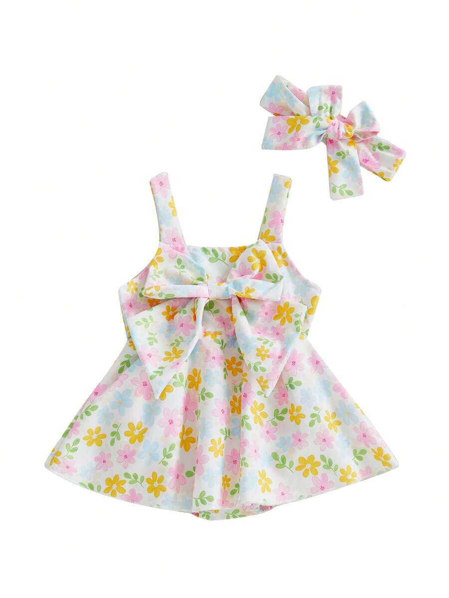 Baby Girl Summer Outfits Sleeveless Square Neck Bow Front Romper With Headband