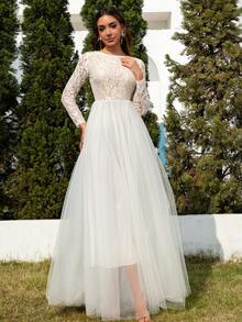 Colour Of Skin Open-Back Round Neck Vintage Long Sleeve Minimalist Mesh Maxi Wedding Dress, White, Cheap Elegant Bridal Dress,Bride - 白色 - 查看 4