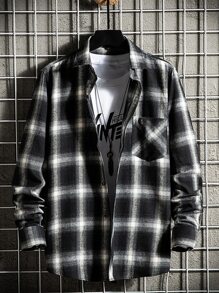 Men's Long Sleeve Plaid Flannel Shirt - 黑色 - 查看 2