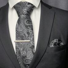 3pcs Set: Men's Classic 3.15-Inch Paisley Necktie, Matching Pocket Square, And Silver Tie Clip Combo, Ideal As Men's Gift, Suitable For Business, Weddings, Grooms, Groomsmen, Parties, Festivals And More - Three-piece Set - View 15