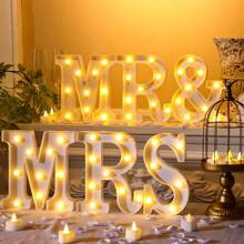 A Set Of 6 Wedding Decoration Holiday Party Packages, LED Lights With Neon Lettered Desktop Logos For "Mr. And Mrs.", Independent Plastic Battery Powered, Perfect For Photo Props, Valentine's Day Anniversary Wedding Decorations - Powered By AA Batteries (Batteries Not Included) - 白色 - 查看 2