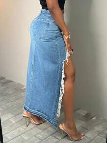 Women's Casual High-Waist Denim Skirt With Front Ripped Holes And Fringed Hem, Mid-Length - 中等水洗藍 - 查看 3