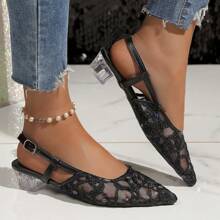 女士高跟网眼透气包头凉鞋，中跟亮片网眼时尚凉鞋，优雅尖头粗跟露跟镂空高跟鞋