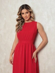 Elegant Women's Crepe Dress - Fitted Waist, Discreet Neckline And Loose Skirt - Ideal For Formal And Casual Events - 紅色 - 查看 2