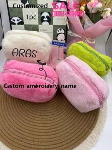 Bolsa de maquillaje personalizada con nombre bordado, de gran capacidad y linda, bolsa de almacenamiento portátil y esponjosa, estilo coreano de moda para chicas, en color liso suave tipo "Aesthetic INS", bolsa de cosméticos de colores de caramelo para estudiantes y damas