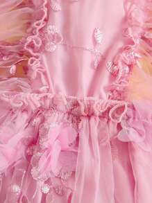 Newborn Baby Girls Rompers Flower Embroidery Mesh Tulle Dress With Headband Infant Summer Outfits Newborn Baby Girl Summer Dress Ruffle Sleeveless Floral Embroidery Romper Dress Headband Beautiful Clothes Set - 粉色 - 查看 4