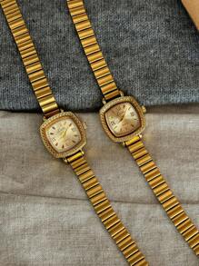 1 pieza Nuevo reloj de mujer de cuarzo de estilo vintage dorado, elegante y gracioso, con pulsera de acero inoxidable, esfera rectangular grabada con números arábigos, diseño único y artístico, adecuado para uso diario y como regalo de cumpleaños