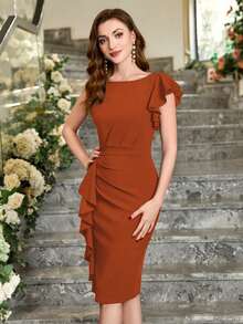 MIUSOL Solid Color Asymmetric Ruffle Sleeve Cocktail Dress, Elegant Semi-Formal Women Dress