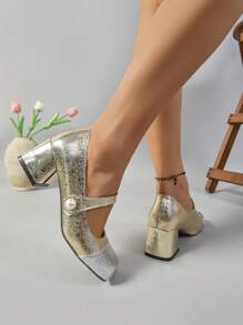 1 Pair Elegant Open Toe Chunky Heel Square Toe Mule Shoes, Casual Comfortable Slip-On High Heel Pumps For Women