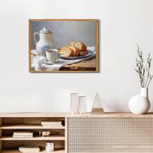 1 Piece, Canvas Hanging, Framed Decorative Painting, Coffee And Bread, Kitchen Still Life, Vintage Farmhouse Decor Art, Oil Painting Print, Country Kitchen Wall Art, Spring Afternoon Tea Decor Mural, French Decor, Spring Home Decor Gifts Birthday Graduation