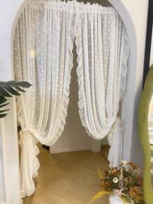1 pieza/2 piezas Cortina romántica francesa blanca con volantes de encaje con relieve y pompones, Panel de cortina vaporosa de tul con puntos delicados para sala de estar, dormitorio, separador de balcón, decoración de boda, telón de fondo para habitación nupcial