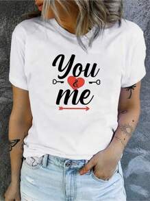 Valentine's Day Printed Graphic Crew Neck T-Shirt, Casual Short Sleeve Tops, Spring Summer, Women's Clothing, Couple Clothing - 白色 - 查看 1