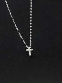 1pc Elegant Cubic Zirconia Decorated S925 Sterling Silver Cross Pendant Necklace, Gift For Women