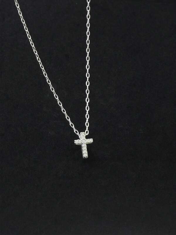 1pc Elegant Cubic Zirconia Decorated S925 Sterling Silver Cross Pendant Necklace, Gift For Women