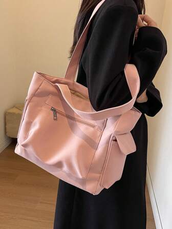 纯色大容量单肩包，时尚简约通勤风格，旅行，上学，购物，多口袋手提包