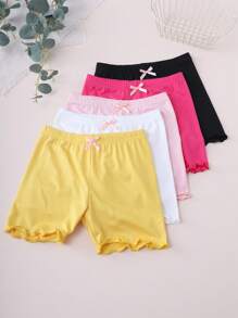 5 Girls Solid Color Bowknot Panties, Ruffled Safety Shorts, Suitable For Daily Life